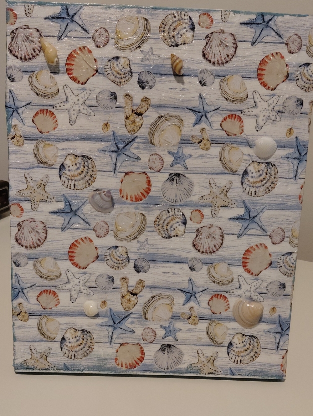 Coastal Seashell Print Canvas in Blue, Red, Cream Decoupaged.